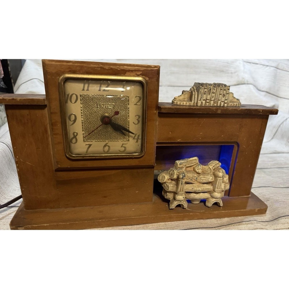 Vintage United Clock Company Wood Mantel Clock Fireplace Night Light Works VIDEO